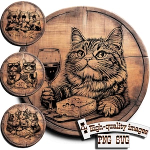May include: Wooden coasters and a large wooden barrel-shaped background feature cat illustrations. The main image shows a cat with a wine glass and cheese. Additional coasters depict cats with wine and cheese. The image includes the text "High-quality images PNG SVG."