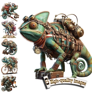 May include: A green, steampunk-style chameleon with gears, straps, and a small cannon on its back. The chameleon is standing on a suitcase with the text "6 High-quality images" on a banner below.