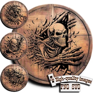 May include: A digital illustration of a skeleton breaking through a wooden wall. The skeleton is reaching out with its hand, and its skull is visible. The background is a brown wood grain.