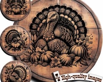 May include: Four digital images of a Thanksgiving turkey with a rustic woodgrain background. The turkey is surrounded by pumpkins, berries, and leaves. The text "4 High-quality images PNG SVG" is at the bottom of the image.