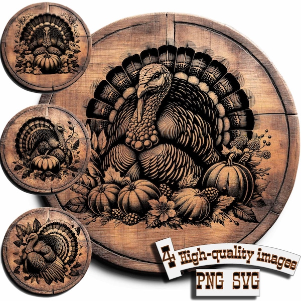 Paquete de 4 imágenes vectoriales de pavo para Acción de Gracias, tabla de embutidos y diseño de pavo para madera, camisetas, pizarra, lienzo, tazas y grabado láser. Formato PNG/SVG.