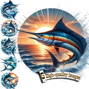 6 Clipart poisson Marlin, Marlin poisson Clipart PNG, pêche, graphique numérique, téléchargement immédiat, Marlin imprimable, conception par sublimation