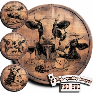 Peut inclure: Une œuvre d'art en bois représentant des vaches dégustant du vin et du fromage. L'image principale montre deux vaches avec un verre de vin, du fromage et des raisins. De petites images circulaires illustrent des scènes similaires. Le texte "4 High-quality images PNG SVG" est également présent.