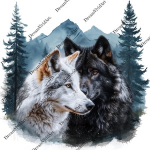 May include: A white wolf with brown markings and a black wolf with orange eyes are facing each other. The wolves are in front of a watercolor background of mountains and trees.