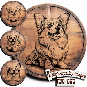 May include: A digital illustration of a corgi dog on a wooden background. The corgi is sitting with its head tilted up and its mouth slightly open. The image is in black and white and has a rustic, vintage feel.