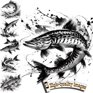 6 Clipart poisson brochet, brochet encre Clipart PNG, pêche, graphique numérique, téléchargement immédiat, brochet imprimable, conception par sublimation