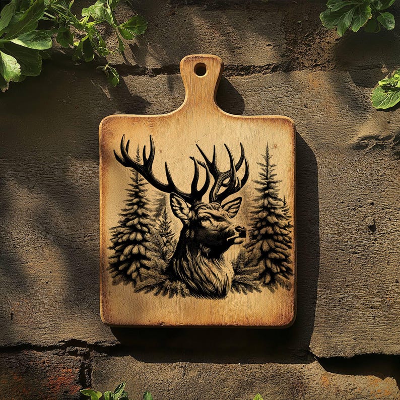 May include: A wooden cutting board with a black and white illustration of a deer in a forest setting. The board has a handle and is perfect for serving cheese, charcuterie, or other appetizers.