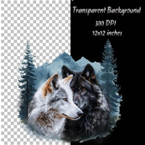 May include: A watercolor painting of two wolves, one white and one black, with a mountain and forest background.