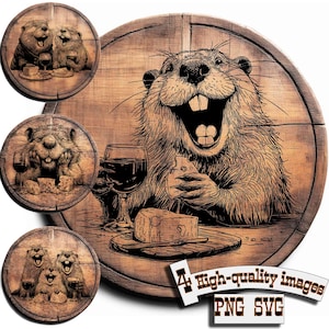 May include: A whimsical illustration of a laughing beaver enjoying wine and cheese, set on a wooden background. The image includes smaller circular images of beavers with wine and cheese. Text reads "High-quality images PNG SVG."