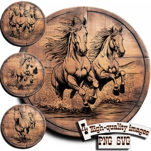 May include: Two brown horses running through a stream of water. The horses are depicted in a black and white style on a wooden background. The image is labeled with "4 High-quality images PNG SVG".