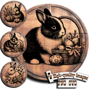 Puede incluir: Cuatro imágenes digitales de un conejo blanco y negro con una cesta de huevos de Pascua. El conejo está sentado sobre un fondo de madera. Las imágenes son de alta calidad y están disponibles en formatos PNG y SVG.