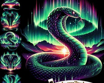 6 Glowing Neon Snake Aurora Borealis Clipart: PNG for T-Shirts, Watercolor & Northern Lights Art