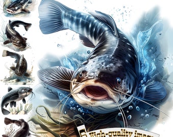 6 Catfish Clipart, Catfish Clipart PNG, Fishing, Digital Graphic, Instant Download, Catfish printable, sublimation design