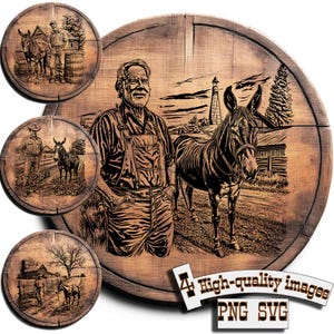 May include: Wooden artwork featuring a farmer with a mule, a lighthouse, and additional circular vignettes with similar rural scenes. The artwork is in shades of brown and black, with the text "High-quality images PNG SVG".