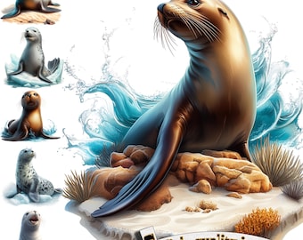 6 Cute Sea Lion clipart, Sea Lion PNG, Seal in the ocean, Sea Lion Sublimation, Sea Lion Printable, Cute Aquatic Animals