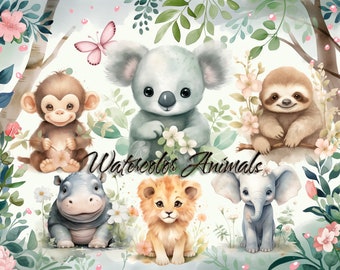 6 clipart di animali africani, simpatici animali africani PNG, animali africani stampabili, simpatici animali ad acquerello