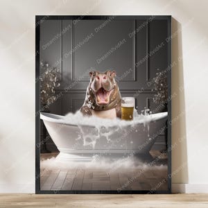 Flodhäst i badrummets väggkonst, rolig badrumsdekor, djur i badrummet, djurkonst, flodhästgåva, digital nedladdning