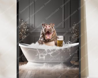 Hippo in Bathroom Wall Art, Funny Bathroom Decor, Animal in Bathroom, Animal Art, Hippopotamus Gift, Digital Download