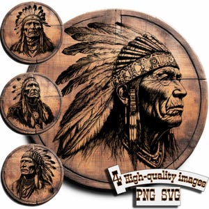 May include: A black and white illustration of a Native American man wearing a headdress with feathers. The image is on a wooden background with the text "4 High-quality images PNG SVG".