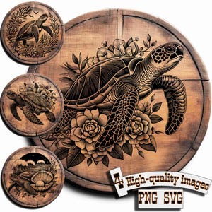 May include: A collection of four high-quality images featuring detailed illustrations of sea turtles. The main image showcases a large turtle surrounded by flowers, with additional circular designs. The images are available in PNG and SVG formats.