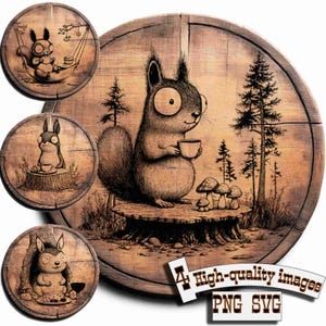 Op de afbeelding: Een grillige illustratie met een grootogig eekhoorntje dat een kopje vasthoudt, omringd door bomen en paddenstoelen. Extra cirkelvormige afbeeldingen tonen vergelijkbare boswezens. De afbeelding staat op een houten achtergrond, met tekst die hoogwaardige PNG- en SVG-afbeeldingen aangeeft.