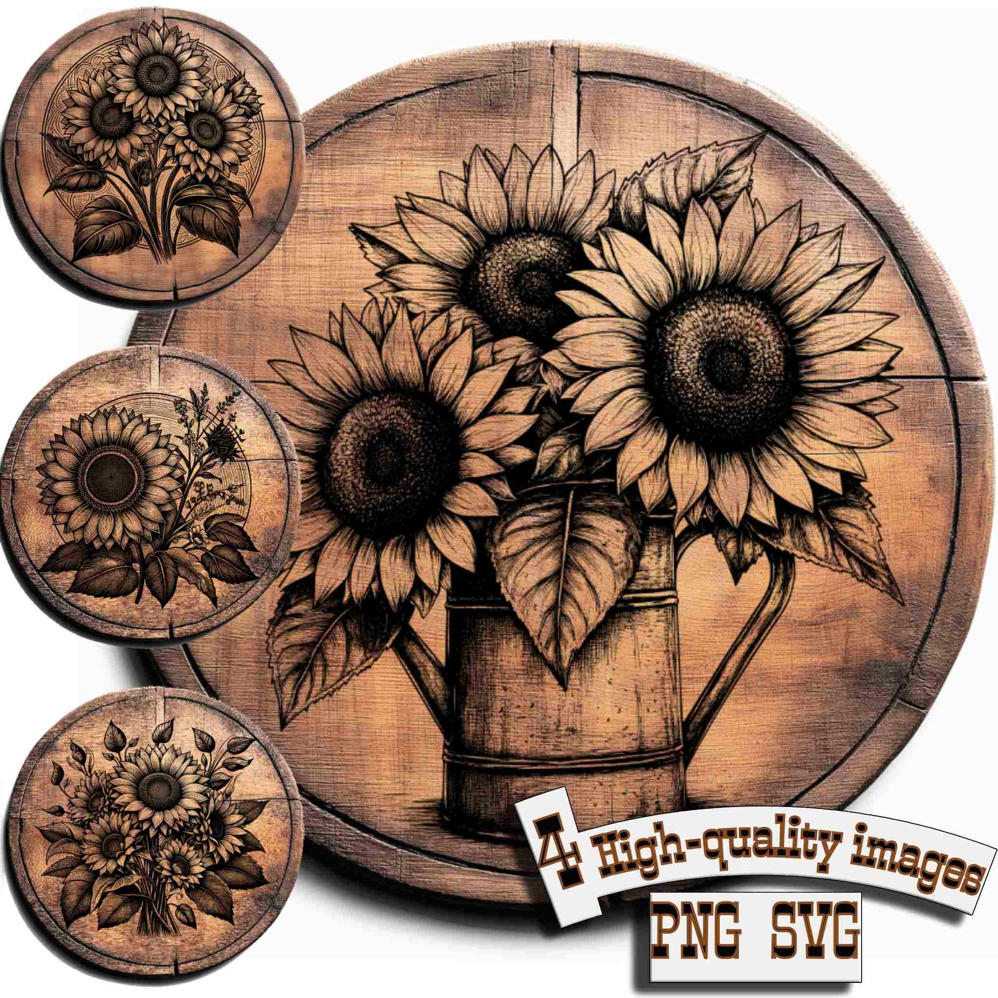 Bundle 4 Sunflowers vector for design on wood, t-shirts, slate, canvas, mugs, laser engraving. Cutting Board Design, PNG/SVG