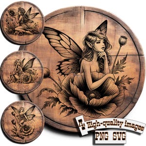 Puede incluir: Una obra de arte de madera con una ilustración central de hadas dentro de una flor de amapola, con tres imágenes circulares más pequeñas de hadas. La obra de arte es en tonos marrones y negros, con el texto "4 imágenes de alta calidad PNG SVG".