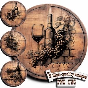 Puede incluir: Un letrero redondo de madera con una ilustración dibujada a mano de una botella de vino, una copa de vino y uvas. El letrero tiene un aspecto rústico y desgastado, perfecto para una bodega o un bar.