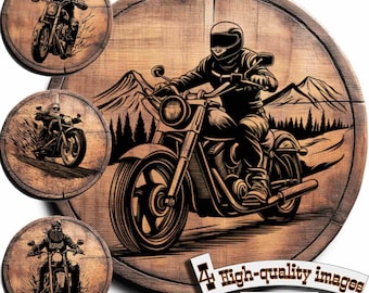 Bundle 4 Biker on a motorcycle vector for design on wood, t-shirts, slate, canvas, mugs, laser engraving. PNG/SVG Сutting board