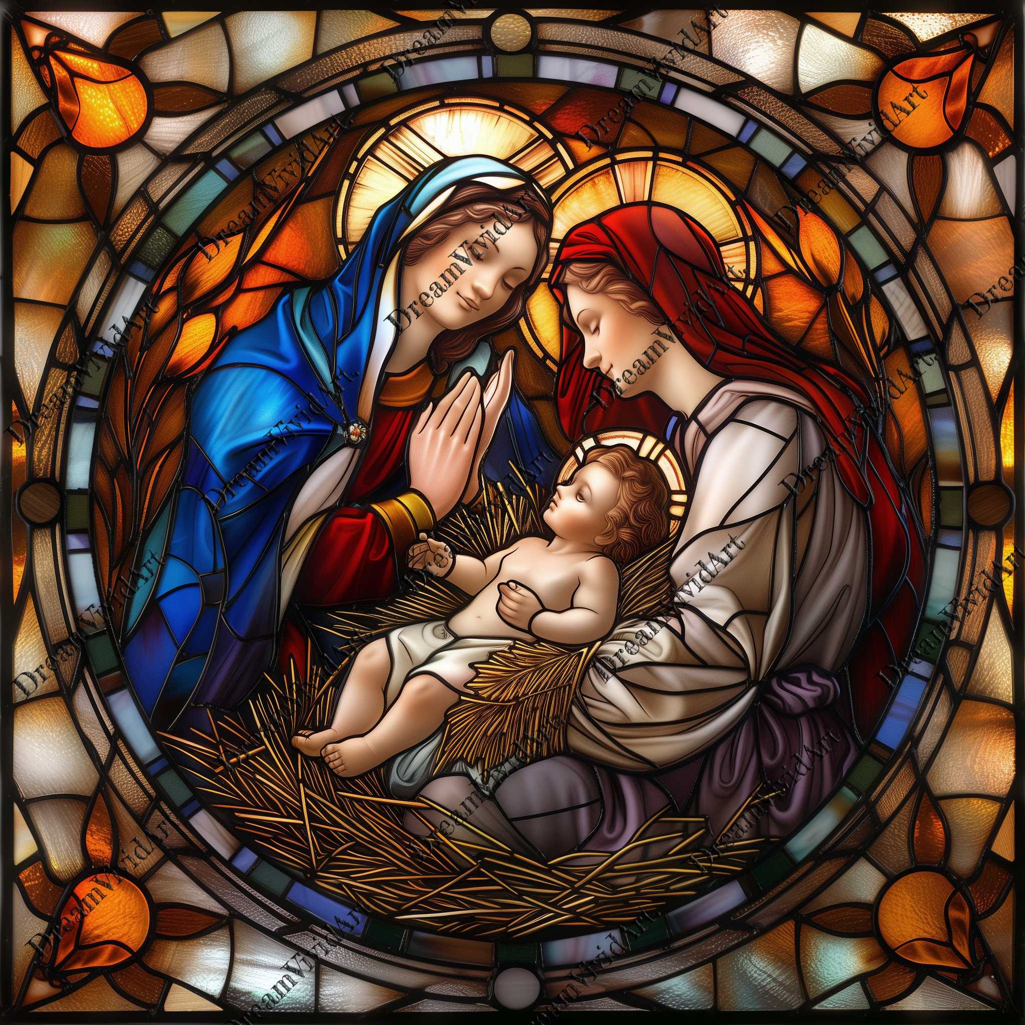 5 ステンドグラス「イエスの誕生」クリップアート、ステンドグラス