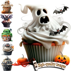 Può includere: Sei cupcake a tema Halloween con varie decorazioni spettrali, tra cui un fantasma, pipistrelli, ragni e teschi. I cupcake sono decorati con glassa bianca e codette colorate. I cupcake sono disposti in fila su uno sfondo bianco.