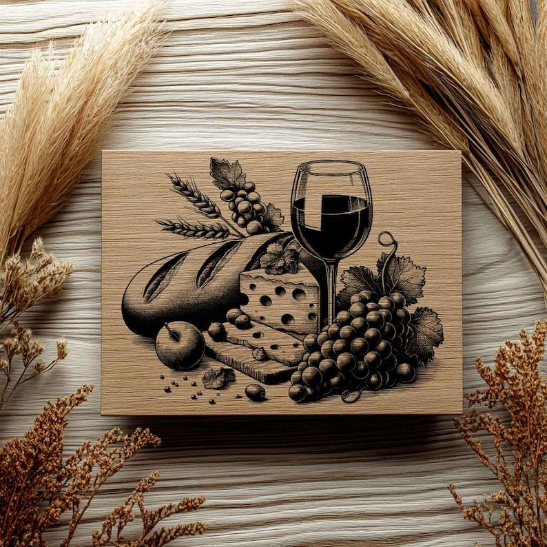 Op de afbeelding: Een zwart-witte illustratie van een stilleven met een brood, een stuk kaas, een tros druiven en een glas rode wijn op een houten oppervlak.