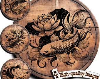 Bundle 4 Koi carp vector for design on wood, t-shirts, slate, canvas, mugs, laser engraving. PNG/SVG Сutting board