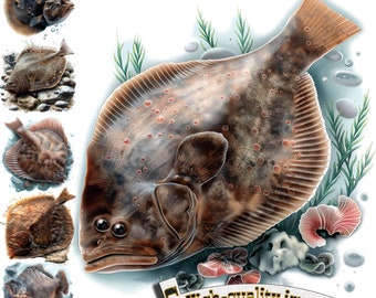6 Flounder Fish Clipart, Flounder Clipart PNG, Fishing, Digital Graphic, Instant Download, Flounder printable, sublimation design