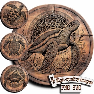 May include: A set of four digital images featuring intricate line art designs of sea turtles. The images are in a woodgrain style with a mandala-like design in the background. The text "4 High-quality images PNG SVG" is at the bottom of the image.
