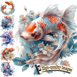 6 Koi Fisch Clipart, Koi Fisch PNG, japanische Karpfen, digitale Grafik, Sofortiger Download, digitale Download Grafik, Natur Illustration