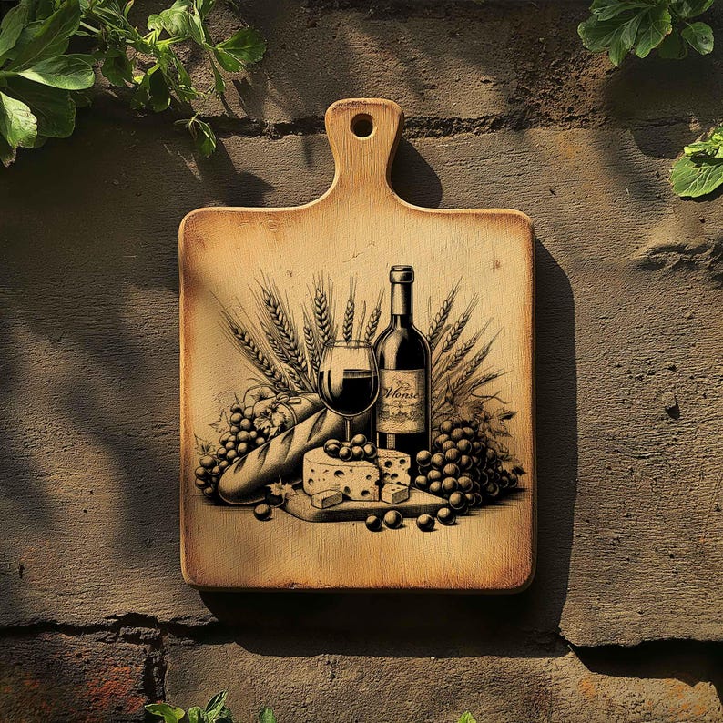 Op de afbeelding: Een houten snijplank met een handgeschilderd ontwerp van een wijnfles, een glas wijn, kaas, druiven en tarwe. Het ontwerp is in zwart en wit op een lichtbruine achtergrond.