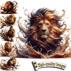 6 Leones en un chapoteo dinámico, imágenes prediseñadas de leones PNG, gráficos digitales, descarga instantánea, gráficos de descarga digital, ilustración de la naturaleza