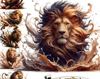 6 Leones en un chapoteo dinámico, imágenes prediseñadas de leones PNG, gráficos digitales, descarga instantánea, gráficos de descarga digital, ilustración de la naturaleza