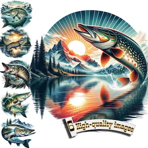 6 Pike Fish Clipart, Pike Clipart PNG, Fishing, Digital Graphic, Instant Download, Pike printable, sublimation design