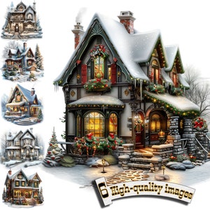 6 casas de Natal, casas de Natal PNG, clipart de Ano Novo, sublimação de Natal, impressão de Natal