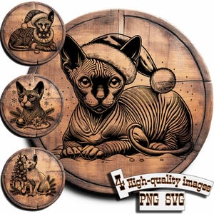 May include: A digital illustration featuring a Sphynx cat wearing a Santa hat, set against a wooden background. Additional circular images showcase the cat in festive settings. The image includes text that reads "4 High-quality images PNG SVG".