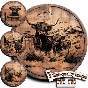Puede incluir: Un conjunto de cuatro imágenes digitales que muestran una vaca Highland y una ternera en un paisaje de montaña. Las imágenes son en blanco y negro y tienen un fondo de madera rústica. El texto "4 imágenes de alta calidad PNG SVG" está en la parte inferior de la imagen.