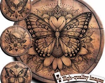 4 vlinderbohovectorbundel: ontwerp voor hout, T-shirts, leisteen, canvas, mokken en lasergravure