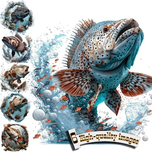 6 Clipart poisson mérou, mérou poisson Clipart PNG, pêche, graphique numérique, téléchargement immédiat, imprimable, conception par sublimation