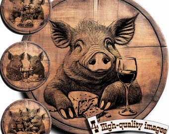 Pacchetto 4 vettori di "Cinghiale, vino e formaggio" per design su legno, magliette, ardesia, tela, tazze, incisione laser. PNG/SVG, Design del tagliere di formaggi