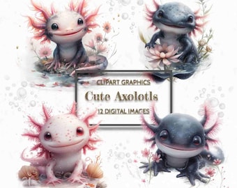12 Axolotl clipart, Cute Axolotl PNG, Axolotl Daisy Flowers, Water Lilies Sublimation, Axolotl Printable, Cute Aquatic Animals
