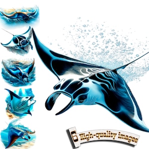 Op de afbeelding: Een set van zes digitale illustraties van mantaroggen die in de oceaan zwemmen. De mantaroggen zijn blauw en zwart met witte vlekken. De illustraties zijn in cartoon-stijl en zijn perfect voor gebruik in een verscheidenheid aan projecten.