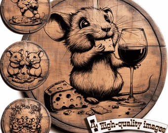Bundle 4 Mouse Wine and Cheese vector for design on wood, t-shirts, slate, canvas, mugs, laser engraving. PNG/SVG, Cheese Board Design