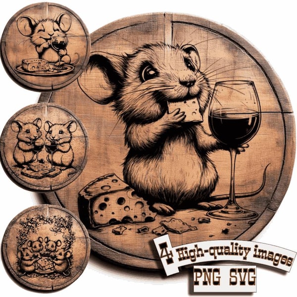 Bundle 4 Mouse Wine and Cheese vector for design on wood, t-shirts, slate, canvas, mugs, laser engraving. PNG/SVG, Cheese Board Design